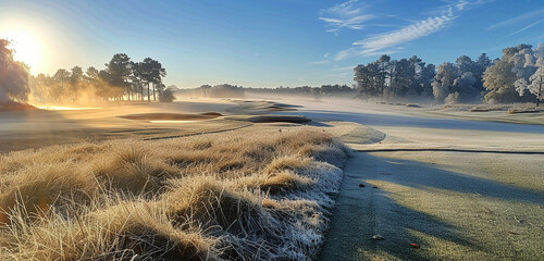 Crisp winter morning, frost glistening on the emerald fairway expanse. - Powered by Adobe
