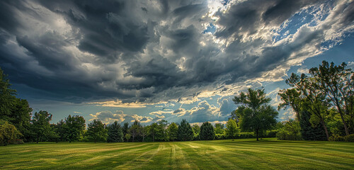 Dramatic cloudscape above the manicured landscape, drama in tranquility.