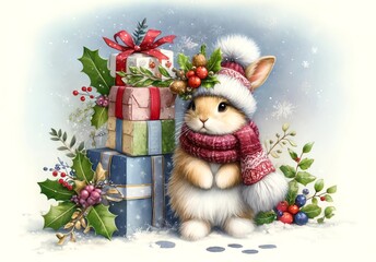Watercolor painting of a Bunny in Christmas theme