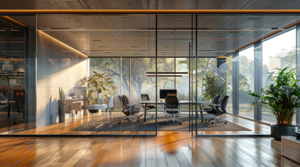 Modern, transparent office space with clear glass walls fostering a collaborative work environment.