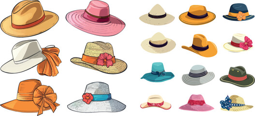 Female hats and caps. Woman vacation cap and hat vector illustrations - 797727164