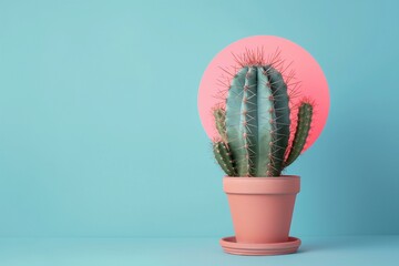 Stylish Cactus in Pink Pot Against Blue Background for Modern Home Decor