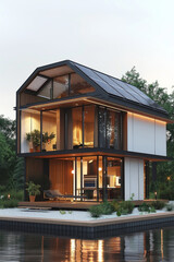 Fototapeta premium 3D model of a modern house with solar panels, showcasing sustainable architecture in a clean, isolated setting.