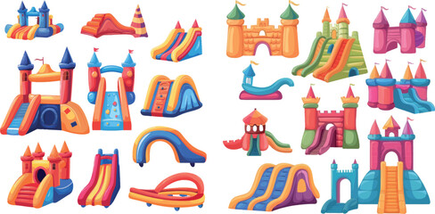 Inflatable castles. Inflated castle and air bouncy slides for kids park, rubber playgrounds child game - 797727355