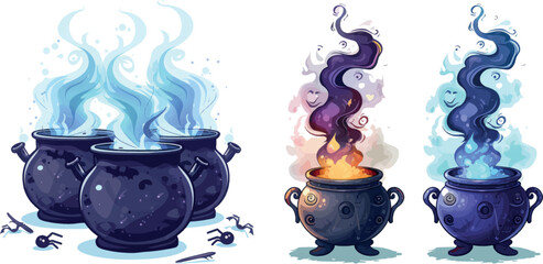 Witchs boiling cauldrons. Halloween smoke boiler, witch cauldron for cooking brew magic potion - 797727571