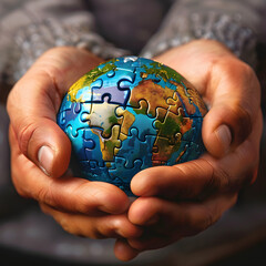 Hands holding a puzzle made planet earth representing DEIB, belonging love diversity blobe