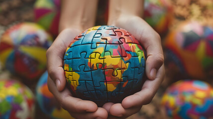 Hands holding a puzzle made planet earth representing DEIB, belonging love diversity blobe