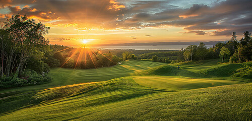 Sunset hues painting the horizon, casting a golden glow over greens.