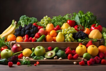 Various fresh fruits and vegetables arranged in a flat layer on a tabletop, including organic fresh veggies for a diet and healthful eating