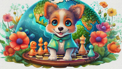 oil painting style CARTOON CHARACTER CUTE baby dog game of chess