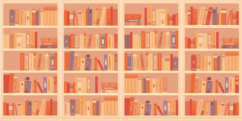 Library bookcases background. Interior of bookshop with bookshelves. Reading room in school, university, college. Colorful retro vintage cartoon vector illustration © backup_studio