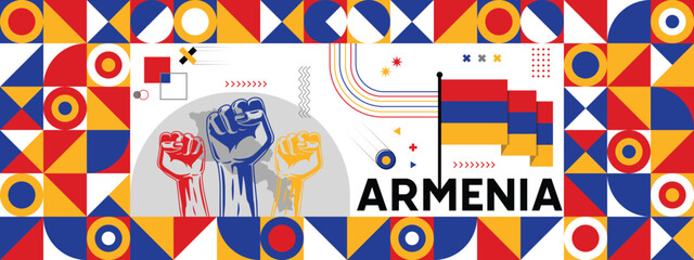 Armenia national or independence day banner for country celebration. Flag and map of Armenia with raised fists. Modern retro design with typorgaphy abstract geometric icons. Vector illustration