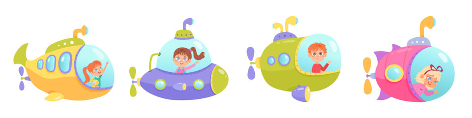 Cute sea submarine with kids set vector illustration. Cartoon isolated funny boys and girls looking out porthole of ship and welcome. Travel in bathyscaphe with friends. Underwater adventure