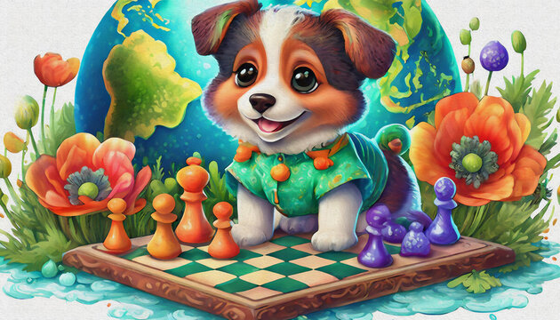 oil painting style CARTOON CHARACTER CUTE baby dog game of chess