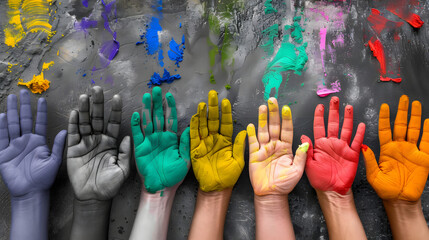 Un spectre de mains colorées représentant l'évolution du respect, de la tolérance et de la diversité - obrazy, fototapety, plakaty