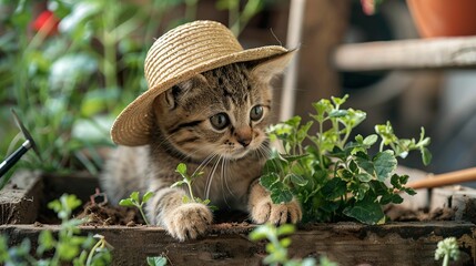 a cat in a straw hat tending to a small garden of catnip and other catfriendly plants, using gardening tools that are comically small and perfectly catsized