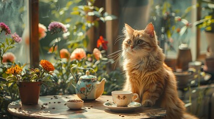 a cat sitting at a small table, with a teacup and a pot of catnip tea, surrounded by flowering plants, enjoying the quiet of a slow afternoon