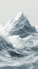 Misty mountain range with layered hills in monochrome blue tones, digital illustration. Vertical