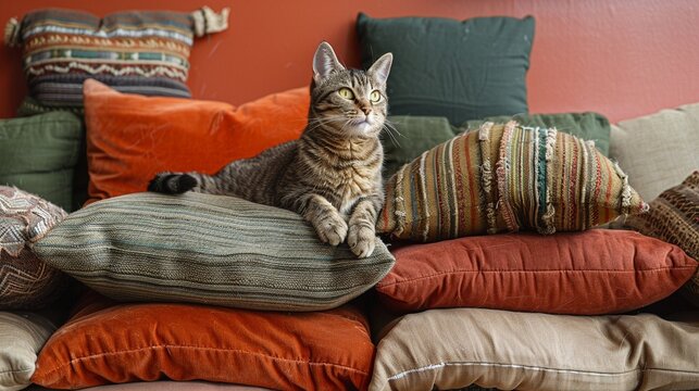 a cat equipped with a small, catsized climbing gear scaling a large pile of cushions or furniture arranged to mimic a mountainous landscape, highlighting a sense of adventure and conquest