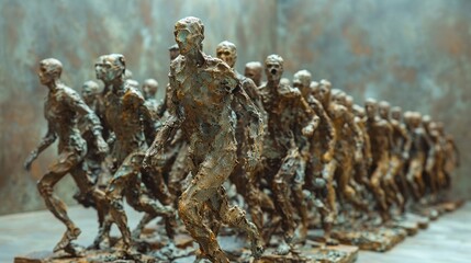 a dynamic scene where a sculpture seems to be moving forward, leading a crowd of live subjects, blending the stillness of the sculpture with the motion of the crowd to symbolize proactive leadership