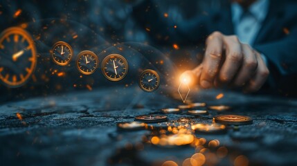 a leader arranging clocks in the shape of an arrow, pointing towards a bright light source, representing strategic planning and forwardthinking in time management - obrazy, fototapety, plakaty