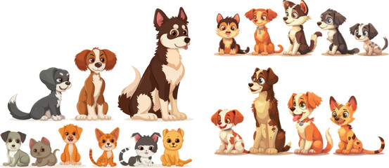 Pets growth stages. Little cat and dog characters