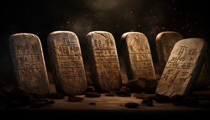 Multiple headstones lined up showing Egyptian hieroglyphs inscriptions
