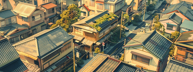 birdeye view of a utopian street with uniformed japanese houses, 1930s, retro color  - obrazy, fototapety, plakaty
