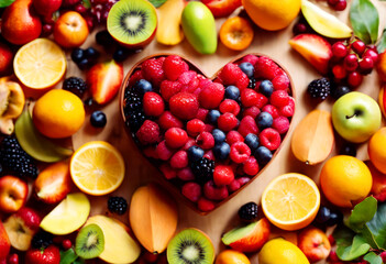 AI generated illustration of fresh fruits and berries in heart-shaped bowl