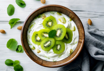 AI generated illustration of fresh kiwi fruit salad with whipped cream and nuts in a bowl