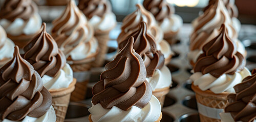 A swirl of soft-serve vanilla and chocolate ice cream cones.