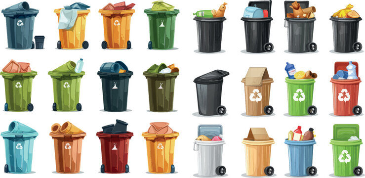 Trash in garbage cans with sorted garbage icons