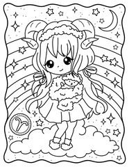 Kawaii girl, aries, zodiac sign, cute lamb, moon and stars. Cute characters. Coloring page, page, book, black and white vector illustration.