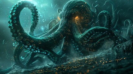 an enormous kraken emerging from a digital sea of code, clutching various cryptocurrencies in its tentacles This can symbolize the monsters control over the volatile crypto market