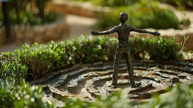 an image of a bronze statue at a fork in a labyrinth, with one arm extended towards each path, representing the decisive moments in leadership