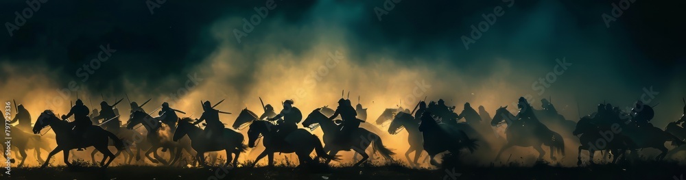 Sticker Medieval battle scene with cavalry and infantry. Silhouettes of figures as separate objects, fight between warriors on dark toned foggy background. Night scene. Selective focus