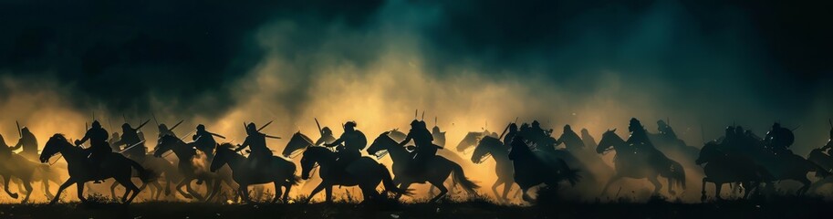 Medieval battle scene with cavalry and infantry. Silhouettes of figures as separate objects, fight between warriors on dark toned foggy background. Night scene. Selective focus