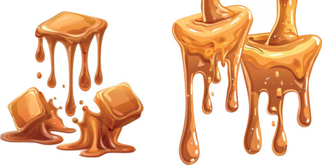 Cartoon liquid caramel. Salted caramels melting, sugar caramelizing dripping sweet brown sauce candy