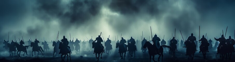 Medieval battle scene with cavalry and infantry. Silhouettes of figures as separate objects, fight between warriors on dark toned foggy background. Night scene. Selective focus