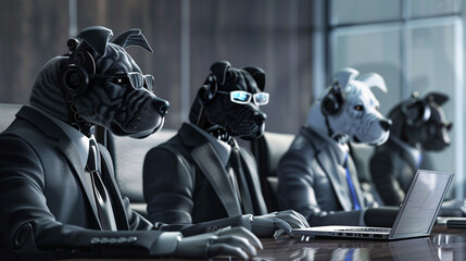 Anthropomorphic dogs in business attire participating in a corporate meeting.