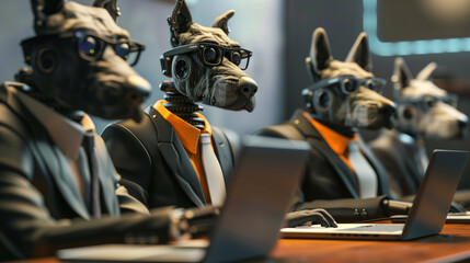 Anthropomorphic dogs in business attire at a meeting.