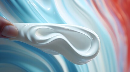 A close-up of a person's hand holding a toothbrush, with toothpaste foam forming a perfect swirl, in a dental hygiene ad