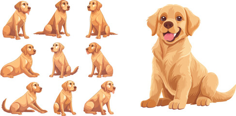 Puppy character. Brown funny cartoon dog activities