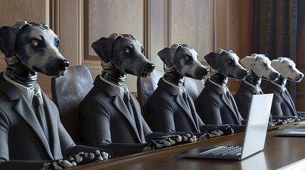 Dogs in suits at a conference table with a laptop.