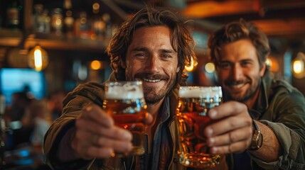 Two friends cheerfully toasting glasses of beer, enjoying a convivial moment in a bar.