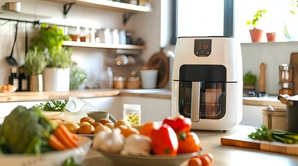 Modern Kitchen with Air Fryer and Fresh Vegetables on Countertop