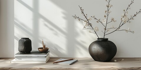  The image shows a wooden table with a vase of flowers, some books, a bowl, and a notebook on it. The background is a white wall with shadows from the window.   - obrazy, fototapety, plakaty