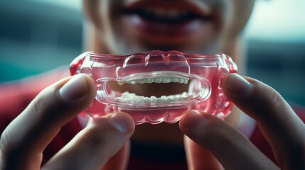 A close-up of a person's hand holding a mouthguard, emphasizing its importance in protecting teeth...