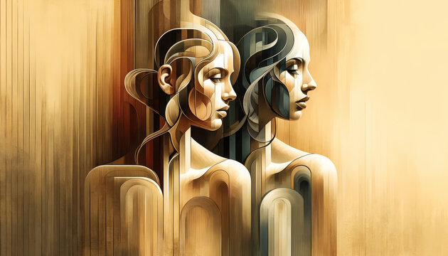 Fototapeta AI generated illustration of two stylized female figures carved in wood