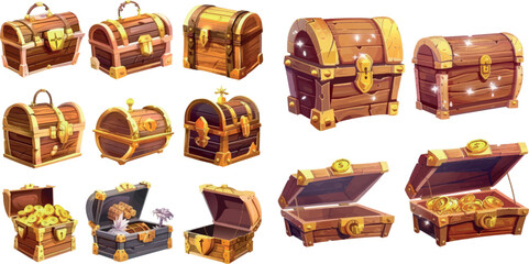 Treasures chest animation. Treasure box animated frames, golden treasurer locker opening, gold money ancient wood case - 797730561